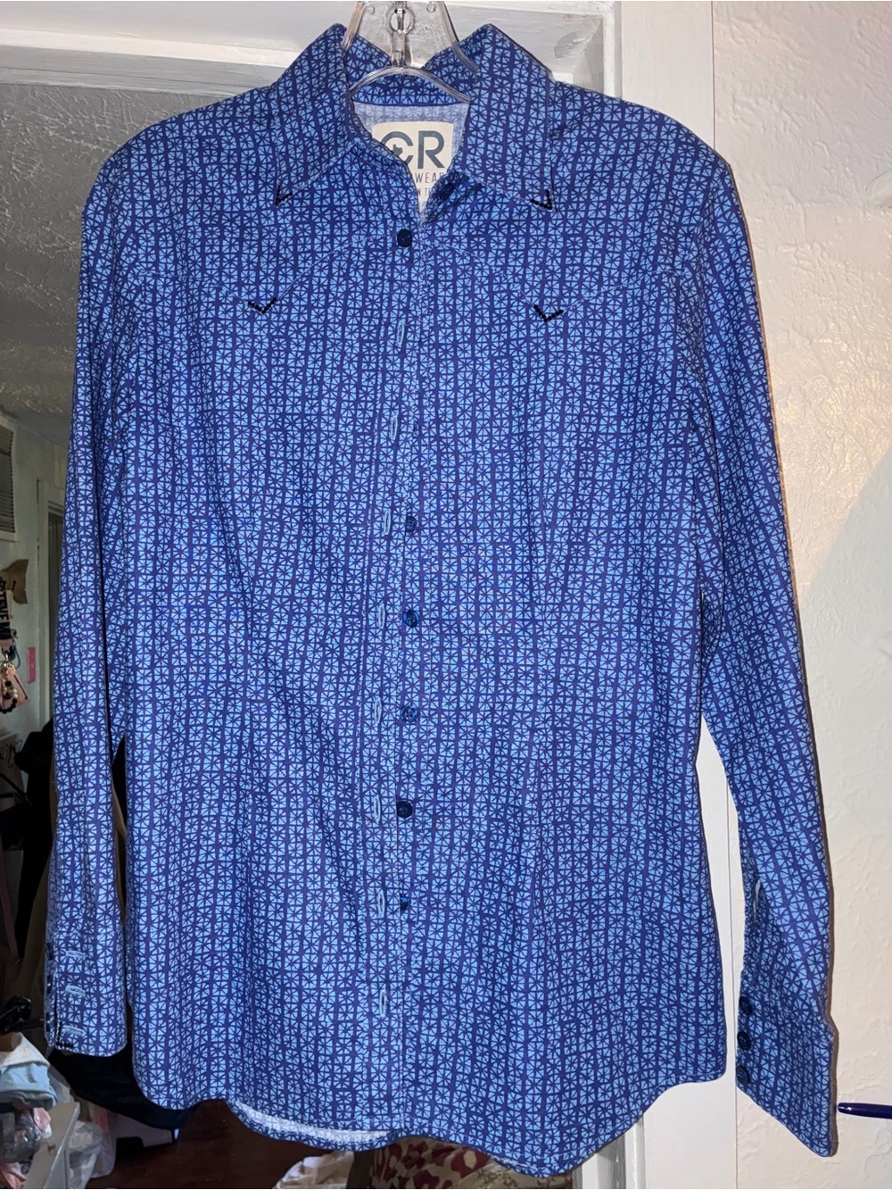 CR Women’s Blue Printed Button-Down Shirt With Stones